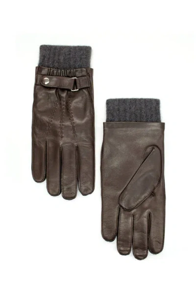 Portolano Leather Gloves With Belt And Cashmere Cuff In Brown