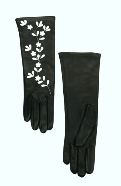 Portolano Leather Gloves With Leaves And Flowers In Green