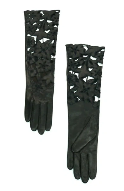 Portolano Long Leather Gloves With Floral Design In Green