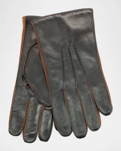 Portolano Men's Leather Gloves With Contrast Suede In Chocolate Brown/tobacco