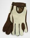 Portolano Men's Suede Gloves With Crochet Cotton Top In Pine Brown/beige