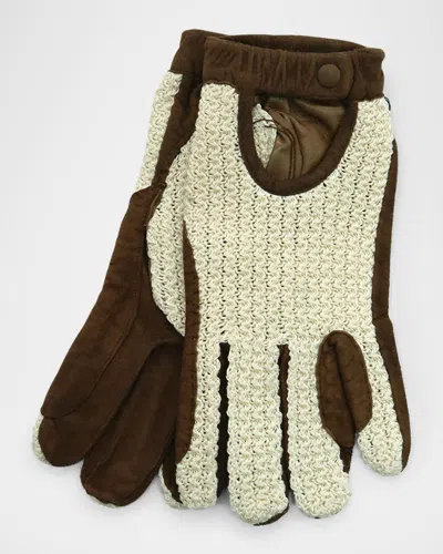 Portolano Men's Suede Gloves With Crochet Cotton Top In Pine Brown/beige