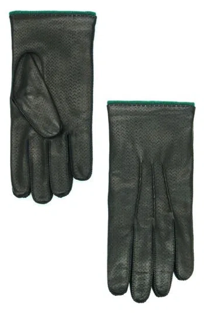Portolano Perforated Leather Gloves In Black/moss