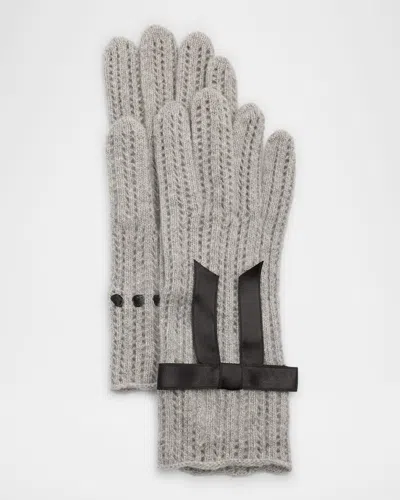 Portolano Pointelle Cashmere Blend Knit Gloves W/ Satin Bow In Blue