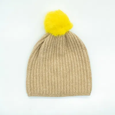 Portolano Ribbed Beanie With Fur Pom In Beige