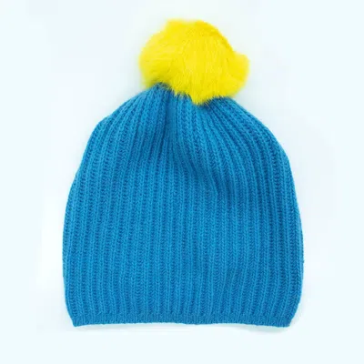 Portolano Ribbed Beanie With Fur Pom In Blue