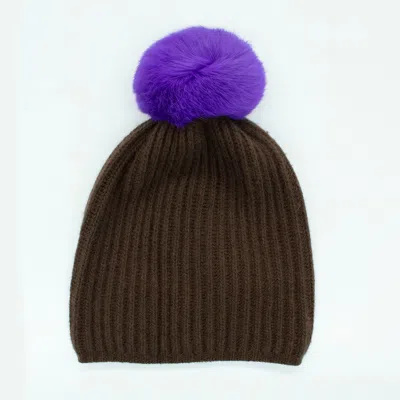 Portolano Ribbed Beanie With Fur Pom In Brown