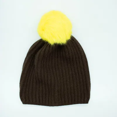 Portolano Ribbed Beanie With Fur Pom In Yellow