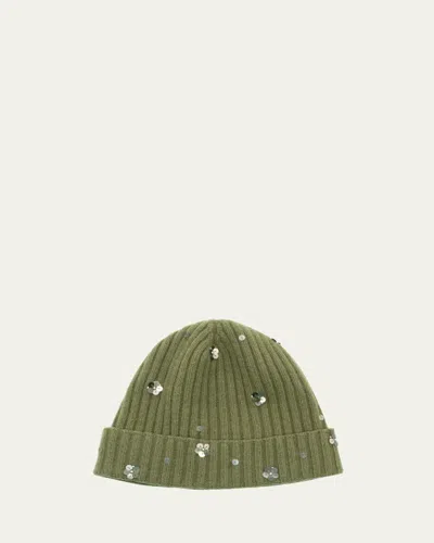 Portolano Sequin Floral Ribbed Cashmere Beanie In Green