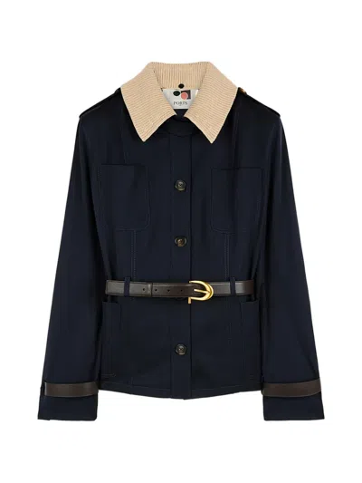 Ports 1961 Belted Ribbed-collar Jacket In Blue