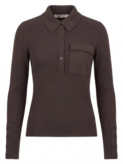 Ports 1961 Chocolate Ribbed Wool-blend Polo Shirt In Brown