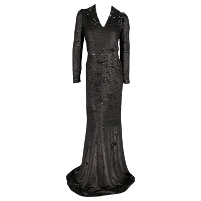 Pre-owned Ports 1961 Size 6 Black Polyester Blend Sequined Column Gown Dress