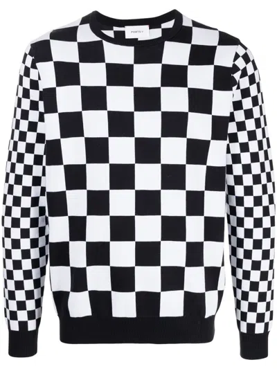 Ports V Checkerboard-print Knit Jumper In Black