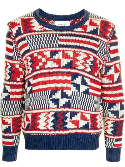 Ports V Geometric-print Knitted Jumper In White