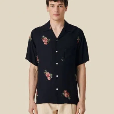 Portuguese Flannel Embroidered Vacation Shirt Roses In Black