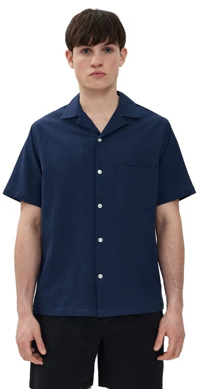 Portuguese Flannel Mondego Convertible-collar Textured Cotton Shirt In Blue