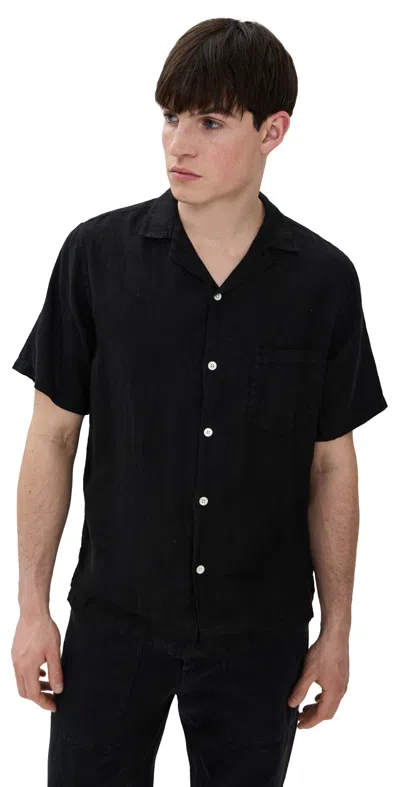 Portuguese Flannel Linen Camp Collar Shirt Black