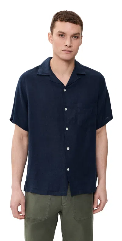 Portuguese Flannel Linen Camp Collar Shirt Navy In Blue