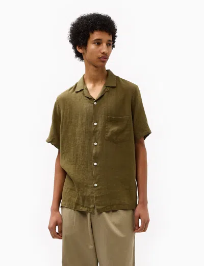 Portuguese Flannel Camp-collar Linen Shirt In Olive Green