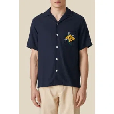 Portuguese Flannel Navy Pique Embroidery Flowers Shirt In Blue