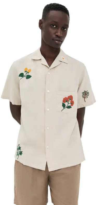 Portuguese Flannel Convertible-collar Embroidered Linen And Cotton-blend Shirt In Neutrals