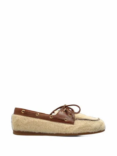 Posa Alpina Shearling-trim Leather Boat Shoes In Yellow
