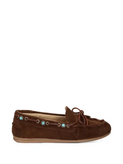 Posa Turquoise-embellished Lace-up Loafers In Brown