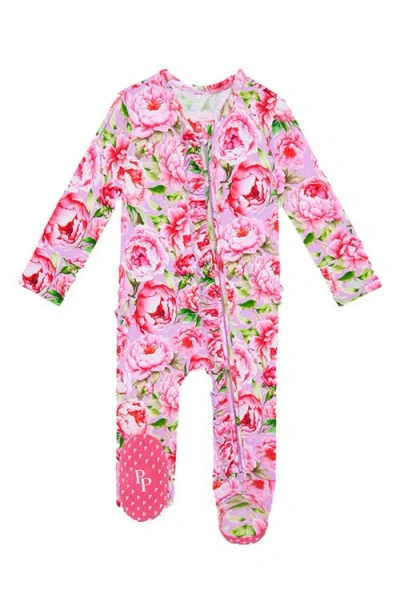 Posh Peanut Babies'  Francoise Peony Print Ruffle Footie In Green