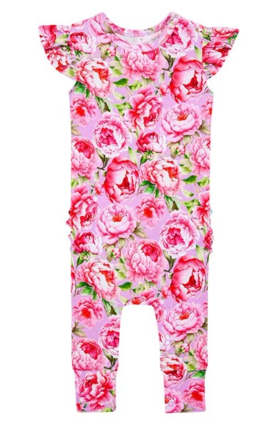 Posh Peanut Babies'  Francoise Peony Print Ruffle Romper In Pink