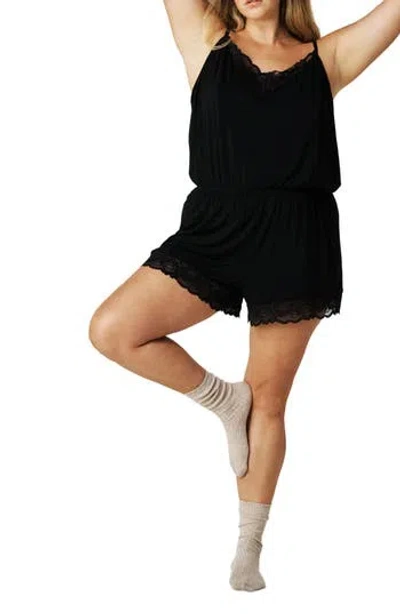 Posh Peanut Lace Trim Pajama Romper In Black