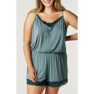 Posh Peanut Lace Trim Pajama Romper In Blue
