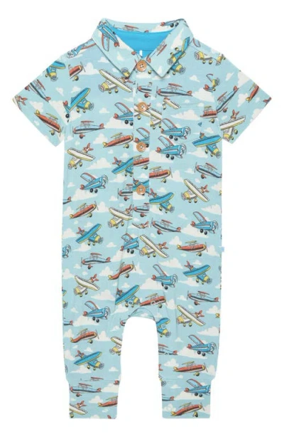 Posh Peanut Babies'  Planes Collared Short Sleeve Jumpsuit In Blue