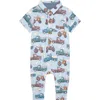 Posh Peanut Print Collared Button-up Romper In Blue