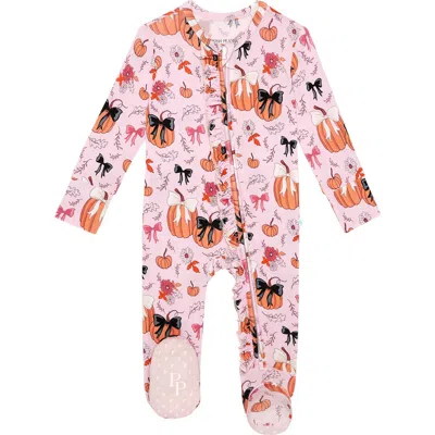 Posh Peanut Babies'  Pumpkin Print Ruffle Zip Footie In Pink