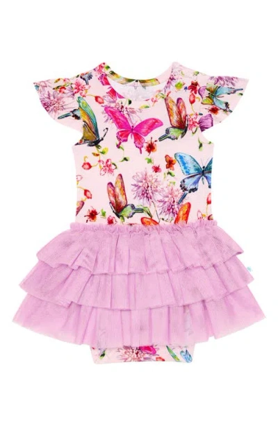 Posh Peanut Watercolor Butterfly Ruffle Cap Sleeve Tulle Tutu Dress In Pink