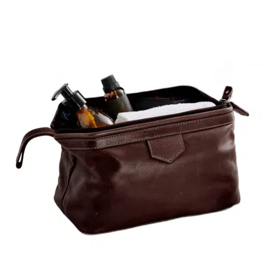 Posh Totty Designs Brown Leather Washbag With Hinged Zip Opening