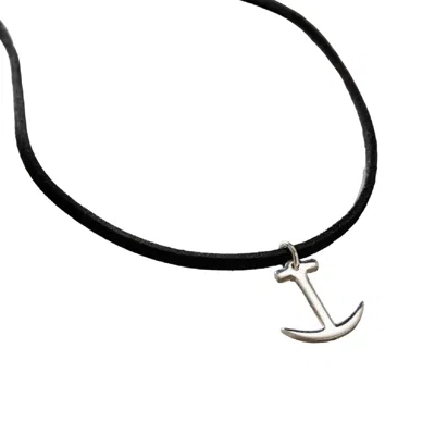 Posh Totty Designs Men's Black / Silver Leather Anchor Charm Necklace In Black/silver