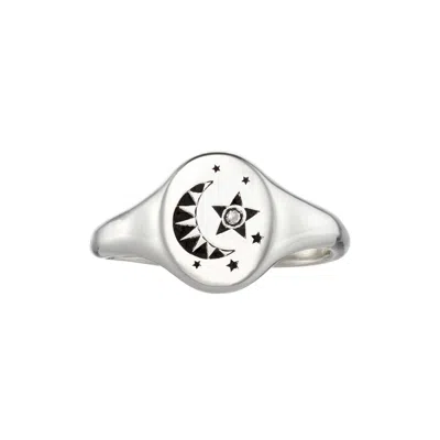 Posh Totty Designs Women's Sterling Silver Moon And Star Diamond Signet Ring