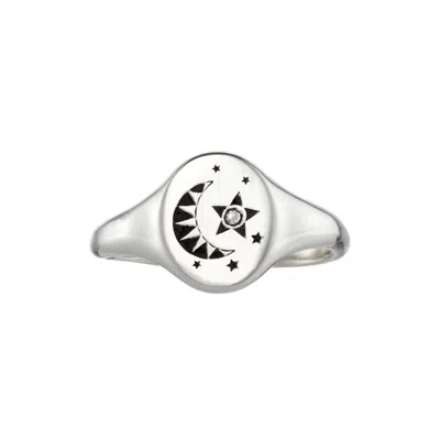 Posh Totty Designs Women's Sterling Silver Moon And Star Diamond Signet Ring In Metallic