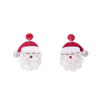 Posh Women's Jolly Santa Statement Earrings In Red Glitter & Pearl Accents In Multi