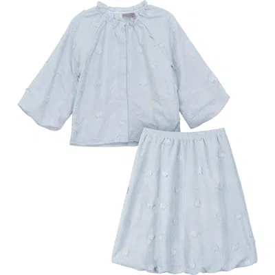 Posie & Pistachio Kids'  Floral Embroidery Applique Ruffle Neckline Shirred Blouse And Skirt Set In Blue