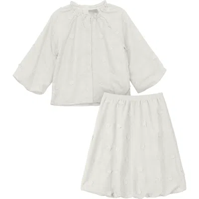 Posie & Pistachio Kids'  Floral Embroidery Applique Ruffle Neckline Shirred Blouse And Skirt Set In White