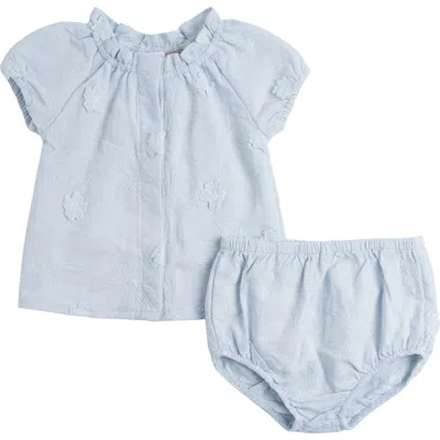 Posie & Pistachio Babies'  Girl Floral Embroidery Applique Ruffle Neck Blouse And Bloomers Set In Blue