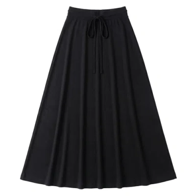 Positive Ribbed Drawstring Elastic Waist Maxi A-line Skirt In Black