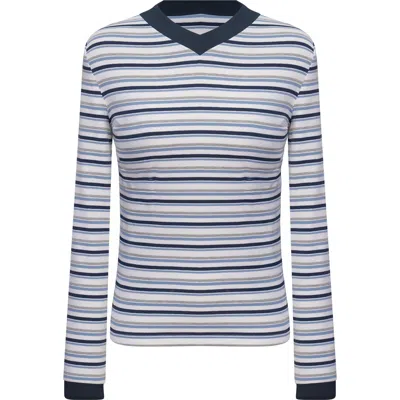 Positive Striped Overlap V-neck Contrast Cuff Top In Blue