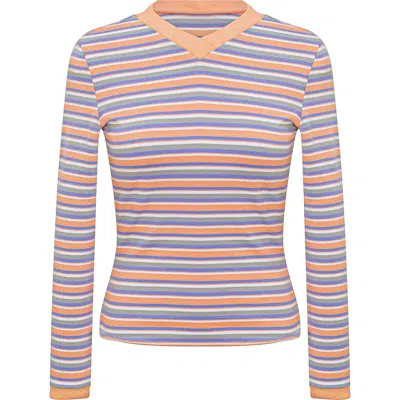Positive Striped Overlap V-neck Contrast Cuff Top In Pink