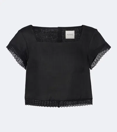Posse Alfie Cropped Embroidered Linen Top In Black