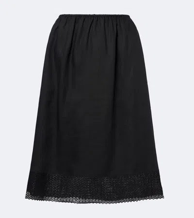 Posse Alfie Embroidered Linen Midi Skirt In Black