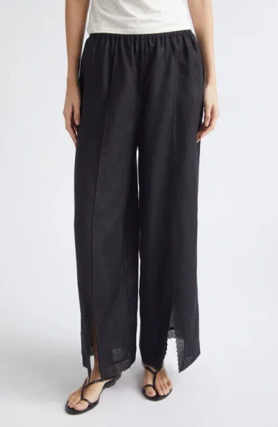 Posse Alfie Lace Trim Wide Leg Linen Pants In Black