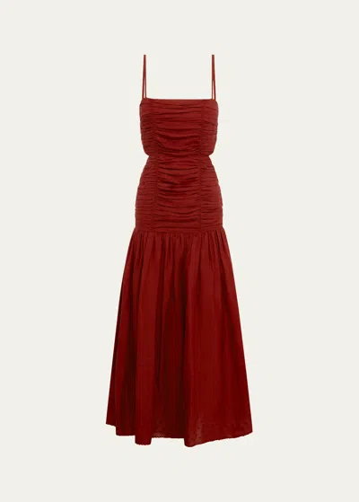 Posse Aurelia Ruched Tie-back Square-neck Maxi Dress In Merlot